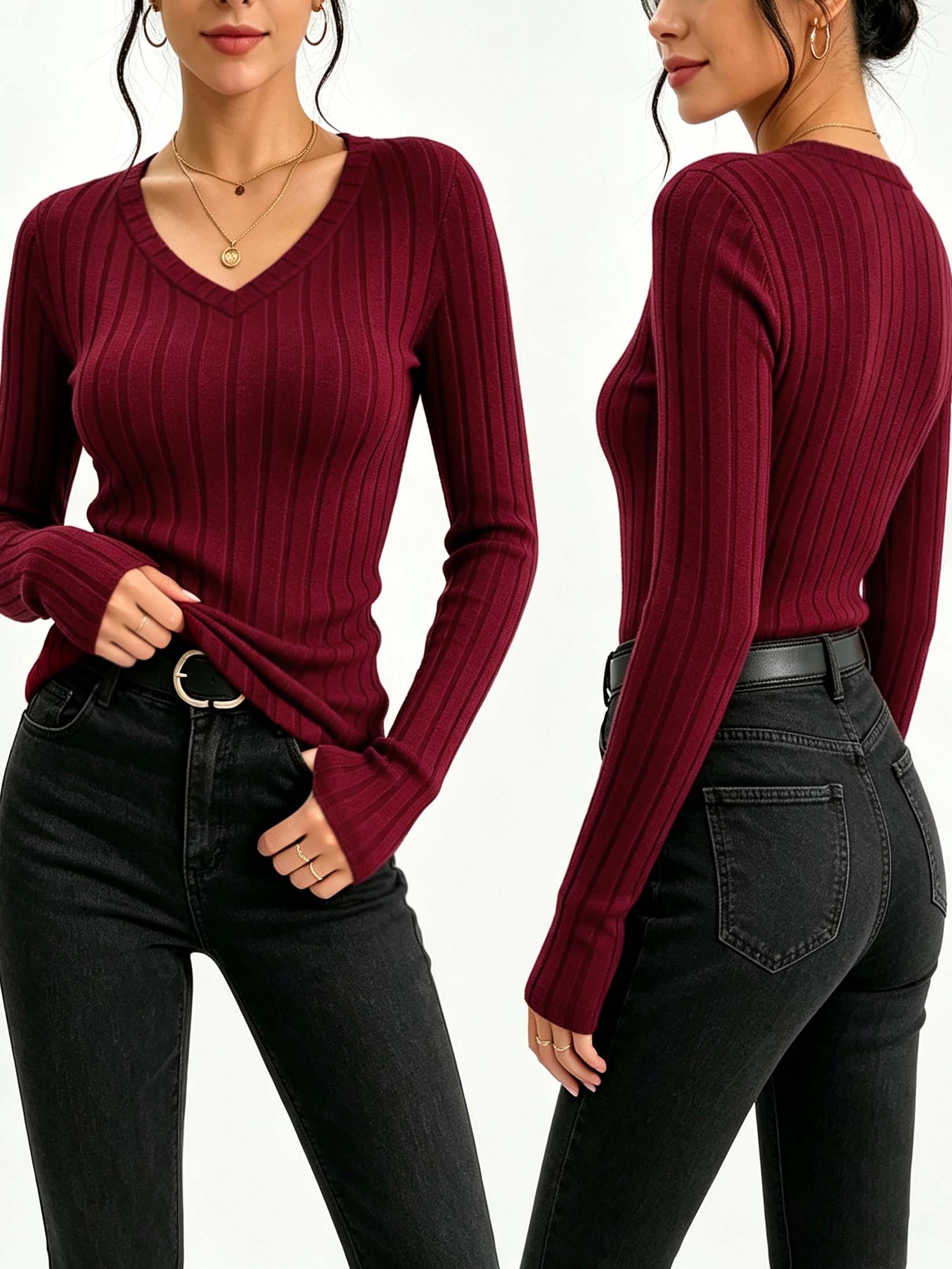 Golf Tees - Women Solid V‑Neck Ribbed Knit Top,