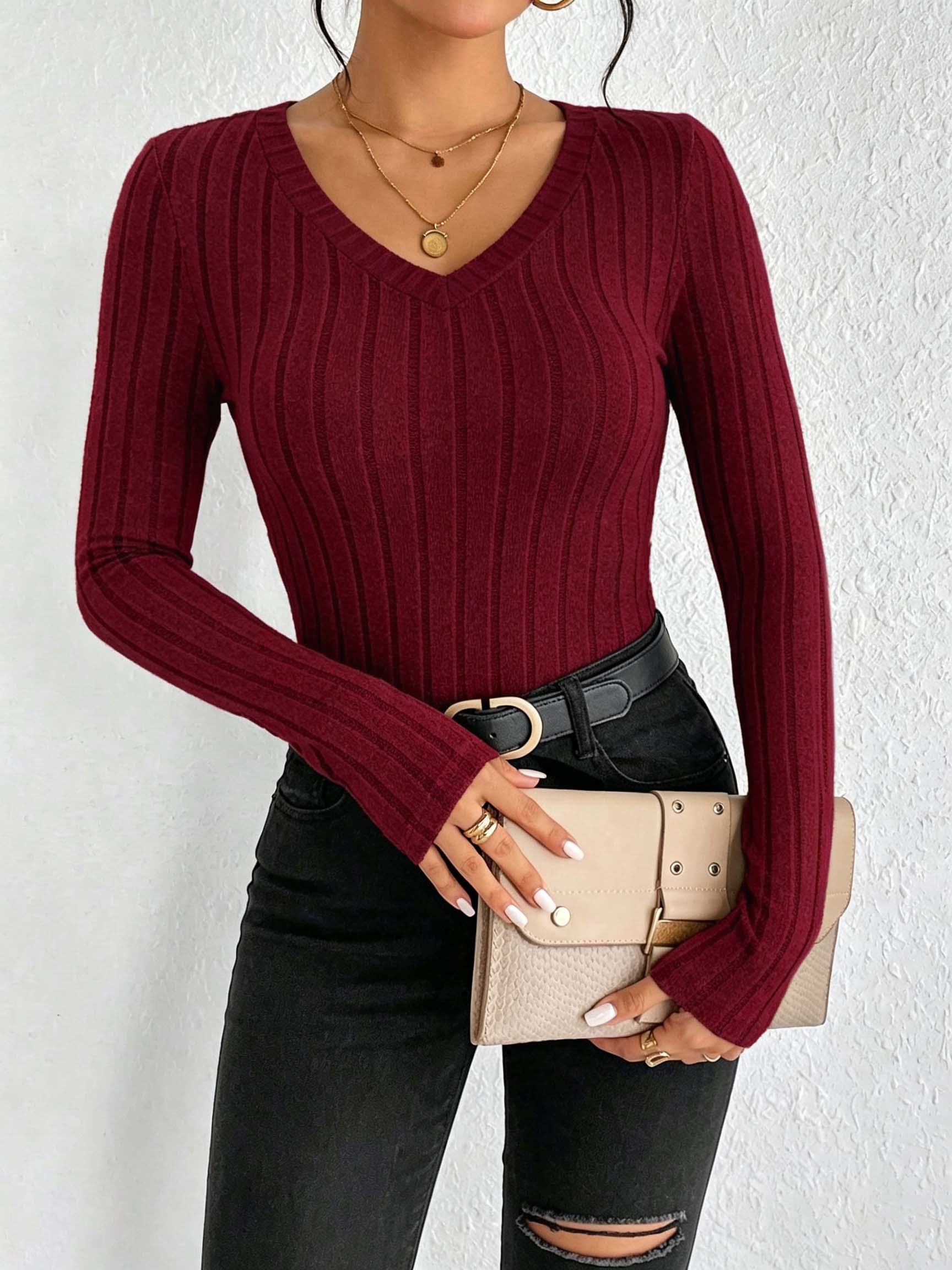 Women Solid V‑Neck Ribbed Knit - Golf Tees ulasan dan harga